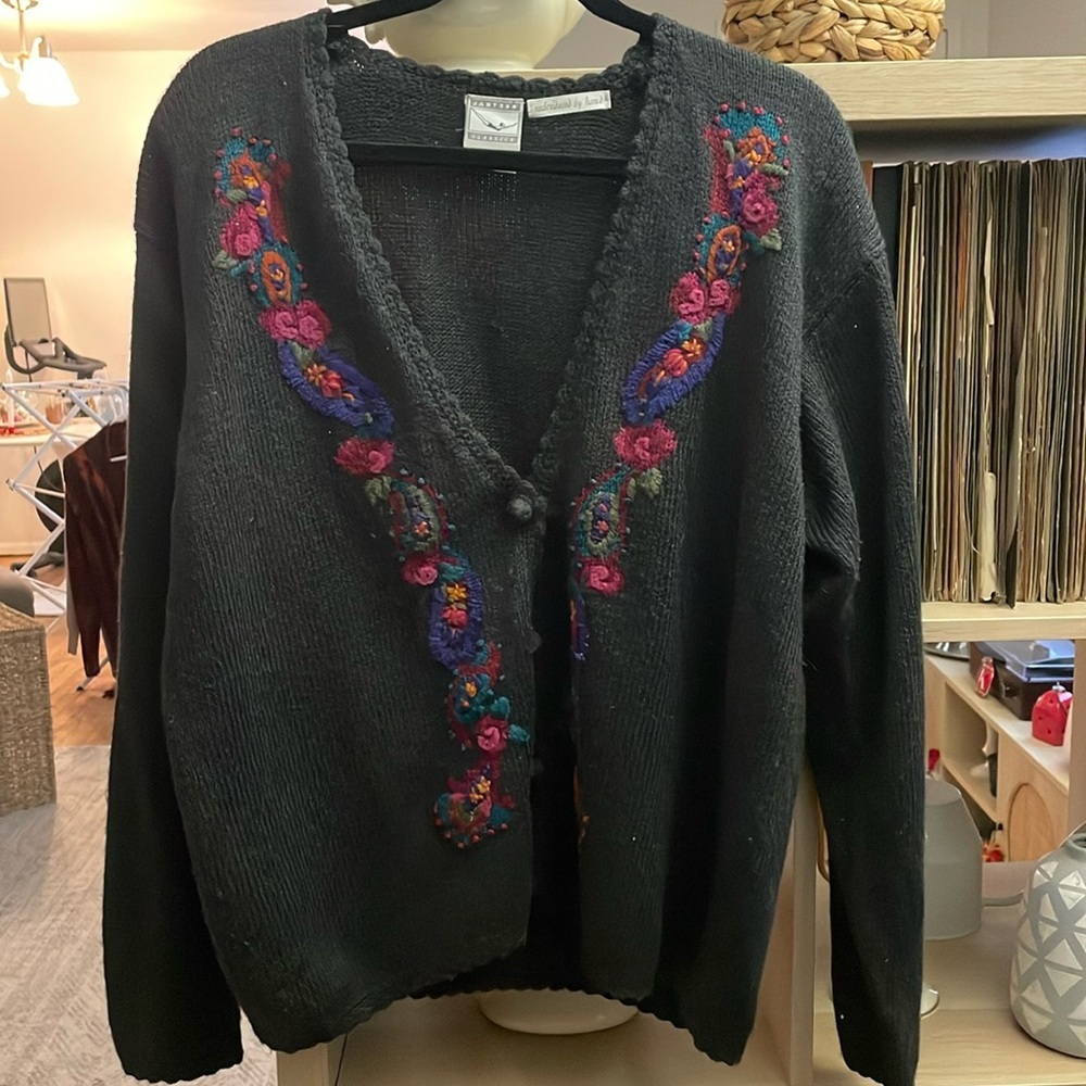Gorgeous deep gray multi colored sweater embroidered by‎ hand designs